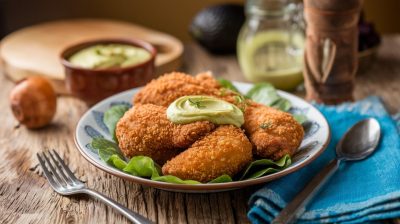 Apprenez à faire un poulet frit croustillant avec une crème d'avocat en quatre étapes faciles