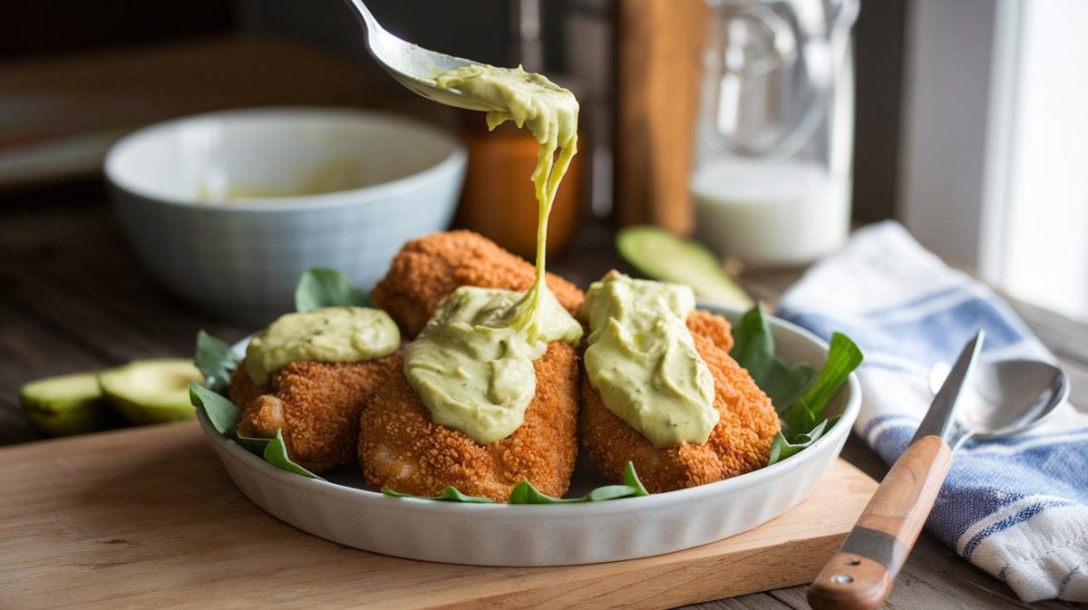 Recette facile : poulet frit enrobé d'une sauce crémeuse à l'avocat en quatre étapes